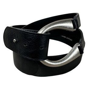 J. Jill Womens Black Genuine Leather Wide Belt Silver Horseshoe Buckle Size M